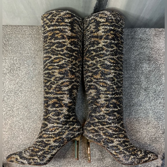 Betsey Johnson Brea Leopard Rhinestone Tall Boots NIB Stiletto Pointed Toe - Picture 9 of 14